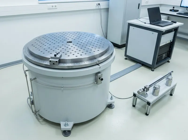 Representative render — vertical mass properties measuring instrument with precision rotary table, engraved angle index ring and electronics console