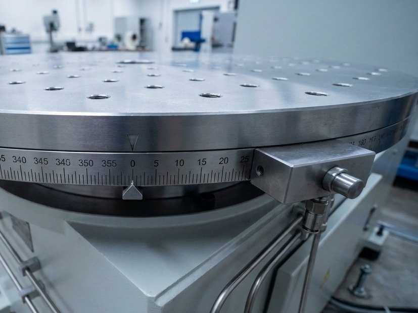 Representative render — close-up of a mass properties instrument rotary table: engraved angle index ring with degree scribe lines, threaded fixture-hole grid and pneumatic locking pin block