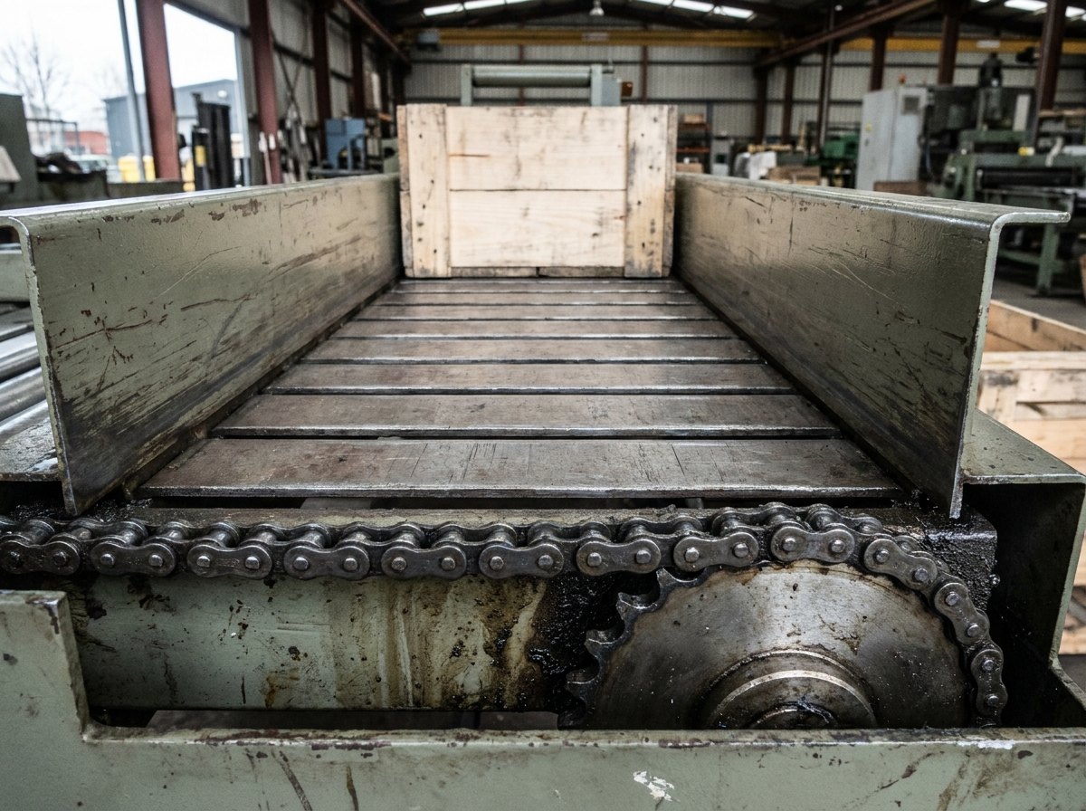 Illustrative image, not a delivered system — close view along the slatted conveying bed of a chain conveyor: flat steel slats carried on heavy roller chain between painted olive-grey side guides, a toothed drive sprocket engaging the chain at the near end, grease on the chain and light scuffing on the slats from use, one plain unmarked wooden crate sitting square on the slats, no people and no text