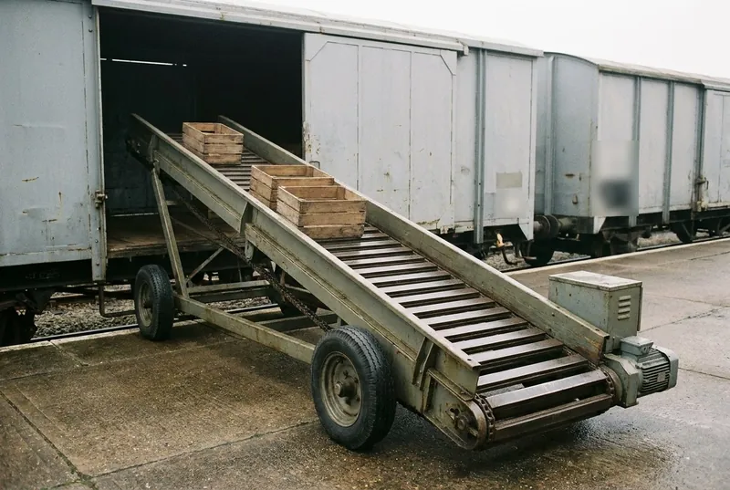 Illustrative image, not a delivered system — a mobile chain conveyor deployed at a railway goods wagon on a depot platform: a wheeled olive-grey steel conveyor on solid rubber tyres with its slatted bed angled gently up into the open sliding door of a plain weathered wagon, three plain unmarked wooden crates riding the slats, a grey drive enclosure at the low end, early morning light on the concrete platform, no people and no text