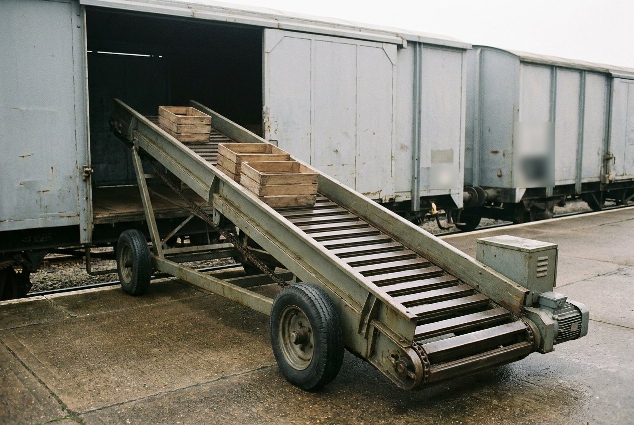Illustrative image, not a delivered system — a mobile chain conveyor deployed at a railway goods wagon on a depot platform: a wheeled olive-grey steel conveyor on solid rubber tyres with its slatted bed angled gently up into the open sliding door of a plain weathered wagon, three plain unmarked wooden crates riding the slats, a grey drive enclosure at the low end, early morning light on the concrete platform, no people and no text