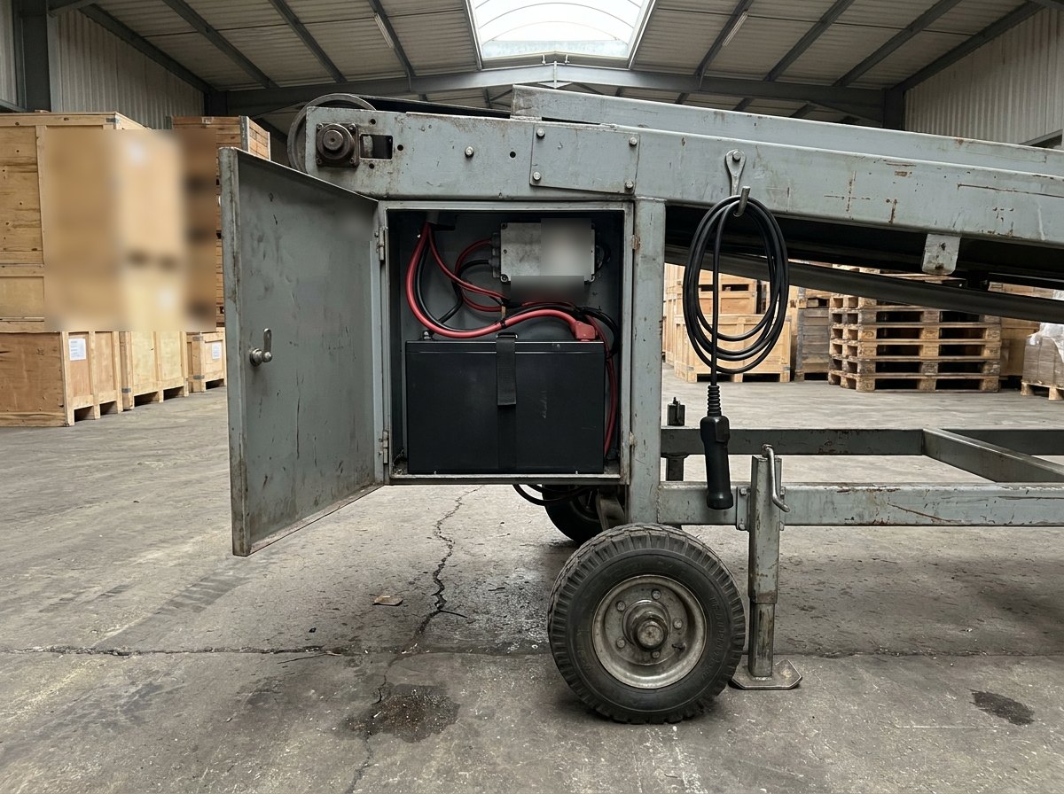 Illustrative image, not a delivered system — the drive end of a mobile depot conveyor with its service panel open: a grey steel enclosure with the hinged side panel swung open showing a plain matt black battery pack with heavy insulated cables and a compact grey motor controller above it, a coiled black pendant control cable hanging from a hook on the frame, a solid rubber-tyred wheel and steel outrigger foot below, worn concrete depot floor, no people and no text