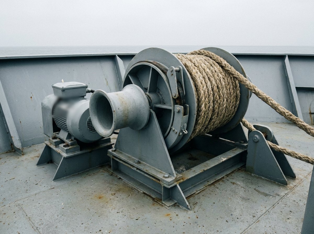 Illustrative image, not a delivered installation — a hydraulic mooring winch and capstan on a grey ship's deck: a horizontal grooved cable drum with a vertical warping head beside it, a hydraulic drive motor and a band brake, mounted on a welded steel seat, with mooring rope led to a fairlead