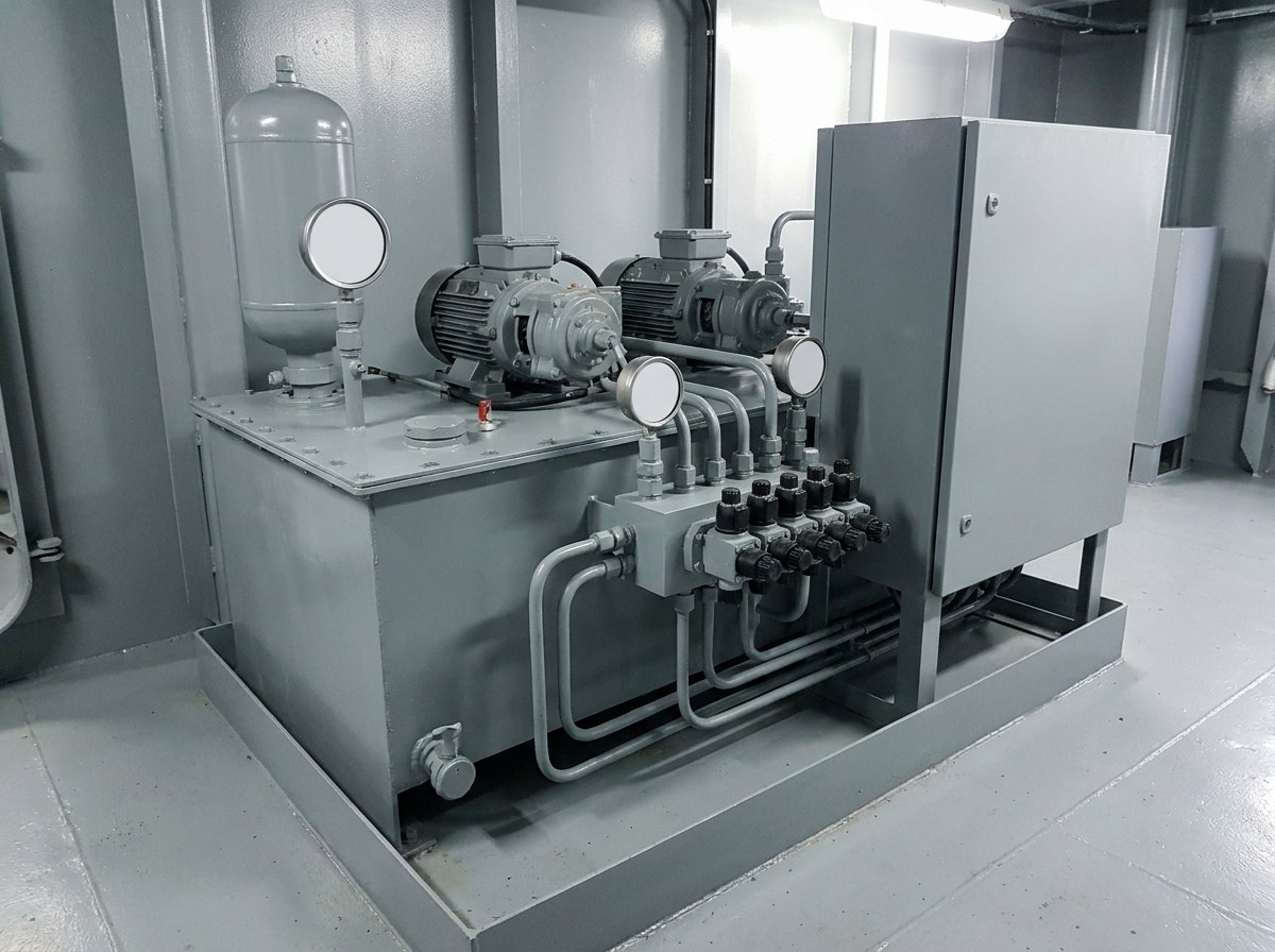 Illustrative image, not a delivered installation — a marinised hydraulic power pack in a painted steel deckhouse: a rectangular oil reservoir with two motor-pump sets on top, an accumulator, a bank of directional control valves on a manifold, pressure gauges with plain faces and a grey control cabinet, all on a welded seat with a drip tray