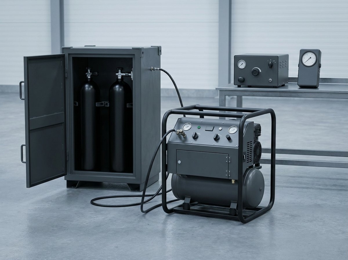 Portable high-pressure breathing-air compressor with charging whips connected to cylinders inside an open anti-deflagration charging container, gas booster and analyser on a bench alongside