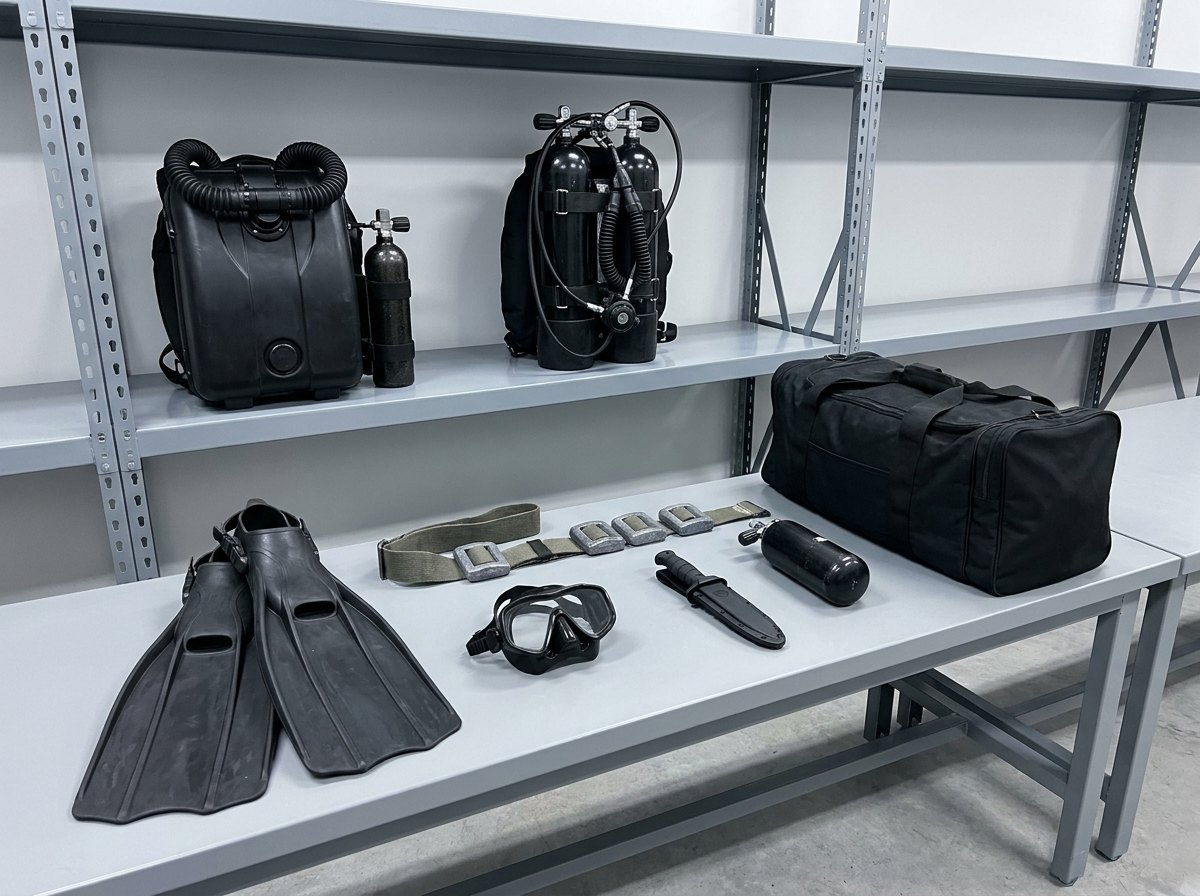Military diving equipment laid out in a clean store: closed-circuit rebreather and open-circuit set on stands beside fins, mask, weight belt, knife and bailout cylinder on a grey bench