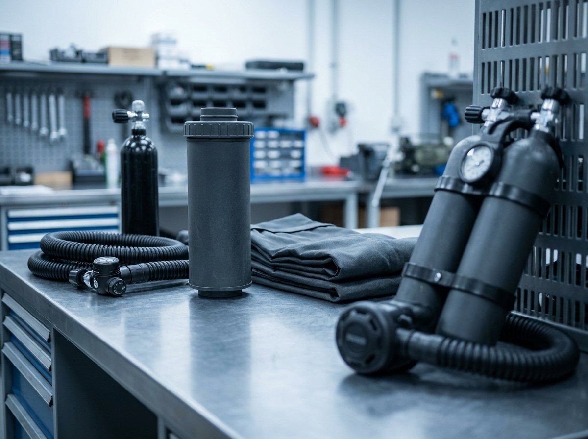 Closed-circuit rebreather opened on a clean bench showing counterlung, scrubber canister and small oxygen cylinder, with an open-circuit regulator and twin cylinder beside it
