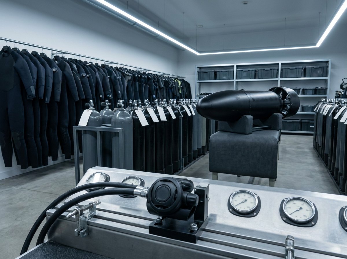 Diving equipment service room with a regulator test bench, gas analyser and tagged cylinders in racks, wet suits hung in a row and a diver propulsion vehicle on a stand