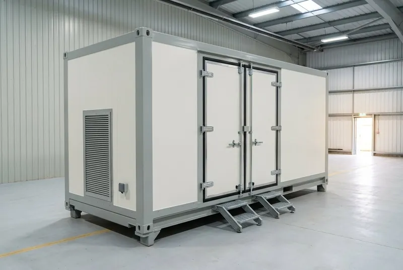 Illustrative of the class — a mobile environmental storage container on a clean concrete apron beside a hangar-style building: a rectangular insulated panel body in fresh off-white and machine-grey paint on a low steel transport frame with corner castings, tall weather-sealed double doors closed with polished compression latch bars and thick black gasket seals, a louvred conditioning unit grille set into the near end wall with a weatherproof socket box below, folded steel access steps, clean apron with a faint yellow line, no people and no readable markings