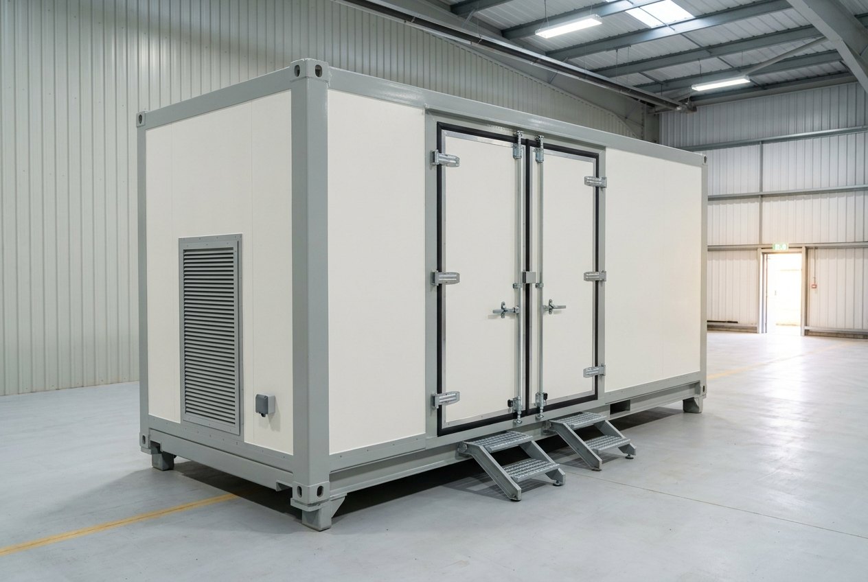 Illustrative of the class — a mobile environmental storage container on a clean concrete apron beside a hangar-style building: a rectangular insulated panel body in fresh off-white and machine-grey paint on a low steel transport frame with corner castings, tall weather-sealed double doors closed with polished compression latch bars and thick black gasket seals, a louvred conditioning unit grille set into the near end wall with a weatherproof socket box below, folded steel access steps, clean apron with a faint yellow line, no people and no readable markings