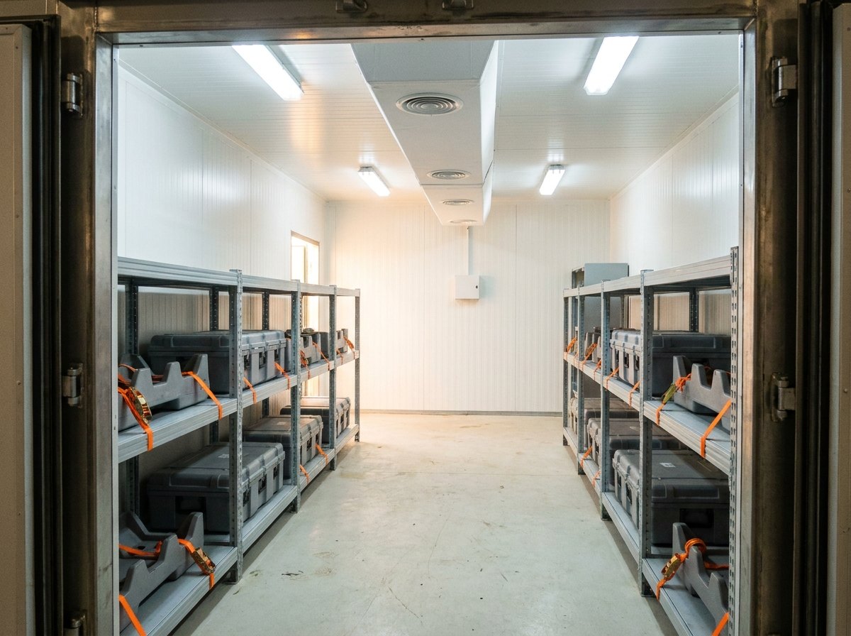 Illustrative of the class — interior of an insulated storage container photographed from the open doorway: bright white lined walls and ceiling, two runs of fresh grey steel racking down both sides carrying plain grey cradles and smooth unmarked cases, orange ratchet restraint straps drawn across each shelf, a rectangular air-distribution duct along the ceiling centreline with round diffusers, a small white sensor head on the far wall, clean pale floor, no people and no readable markings