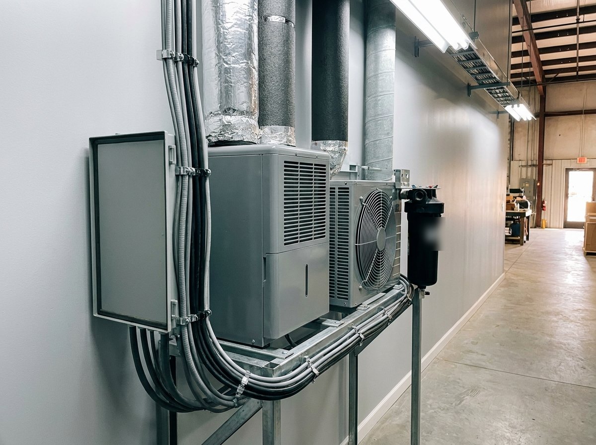 Illustrative of the class — close view of the conditioning machinery of a storage container in a clean workshop: a compact desiccant dehumidifier in fresh grey paint with two insulated round ducts leaving its top, a small refrigeration condensing unit with a finned coil beside it, a filter housing with quick-release clips, a control panel with its face angled away from the camera, tidy conduit and cabling clipped to a painted frame, no people and no readable markings