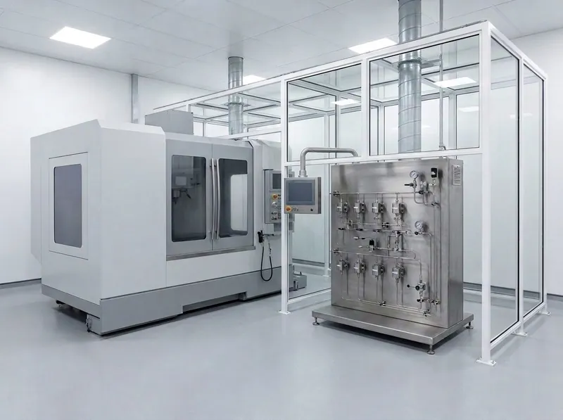 Representative render — metal working fluid test rig: an enclosed CNC machining centre with viewing windows beside a stainless-steel coolant monitoring cabinet with inline instruments and an HMI screen
