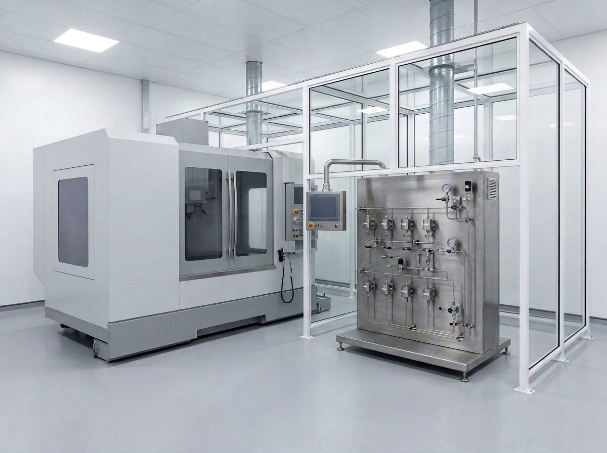 Representative render — metal working fluid test rig: an enclosed CNC machining centre with viewing windows beside a stainless-steel coolant monitoring cabinet with inline instruments and an HMI screen, inside a walk-in fume hood frame with glass sash panels