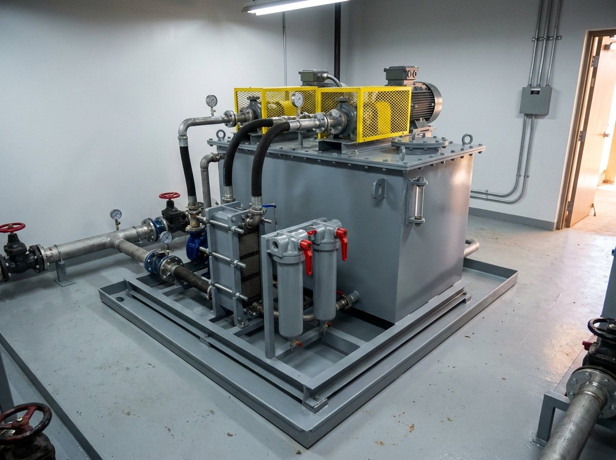 Illustrative image, not a delivered system — a newly assembled lubrication oil conditioning skid in a clean plant room: a freshly painted grey reservoir with a bolted lid and clear side sight glass, guarded pump-and-motor sets under yellow mesh guards on top, a plate heat exchanger and twin vertical filter housings with new red changeover levers, small pressure gauges angled away along bright pipework, red and black valve handwheels, new black flexible hoses joining steel pipe runs on a spotless bund tray, clean light walls and a doorway down the aisle, no people and no readable markings