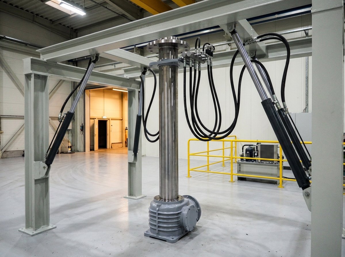 Illustrative image, not a delivered system — a polished vertical test mast rising from a compact ribbed grey gear housing on a clean grouted baseplate, loaded by a rigid overhead frame of light-grey box-section columns: new hydraulic cylinders at different working angles pull on a bright machined hub flange through clevis-ended tie rods, their black hoses looping in natural unequal curves to a tidy manifold, a fresh yellow safety railing behind and a clean hydraulic power pack with cooler beyond it, swept floor with faint scuff arcs, no people and no readable markings