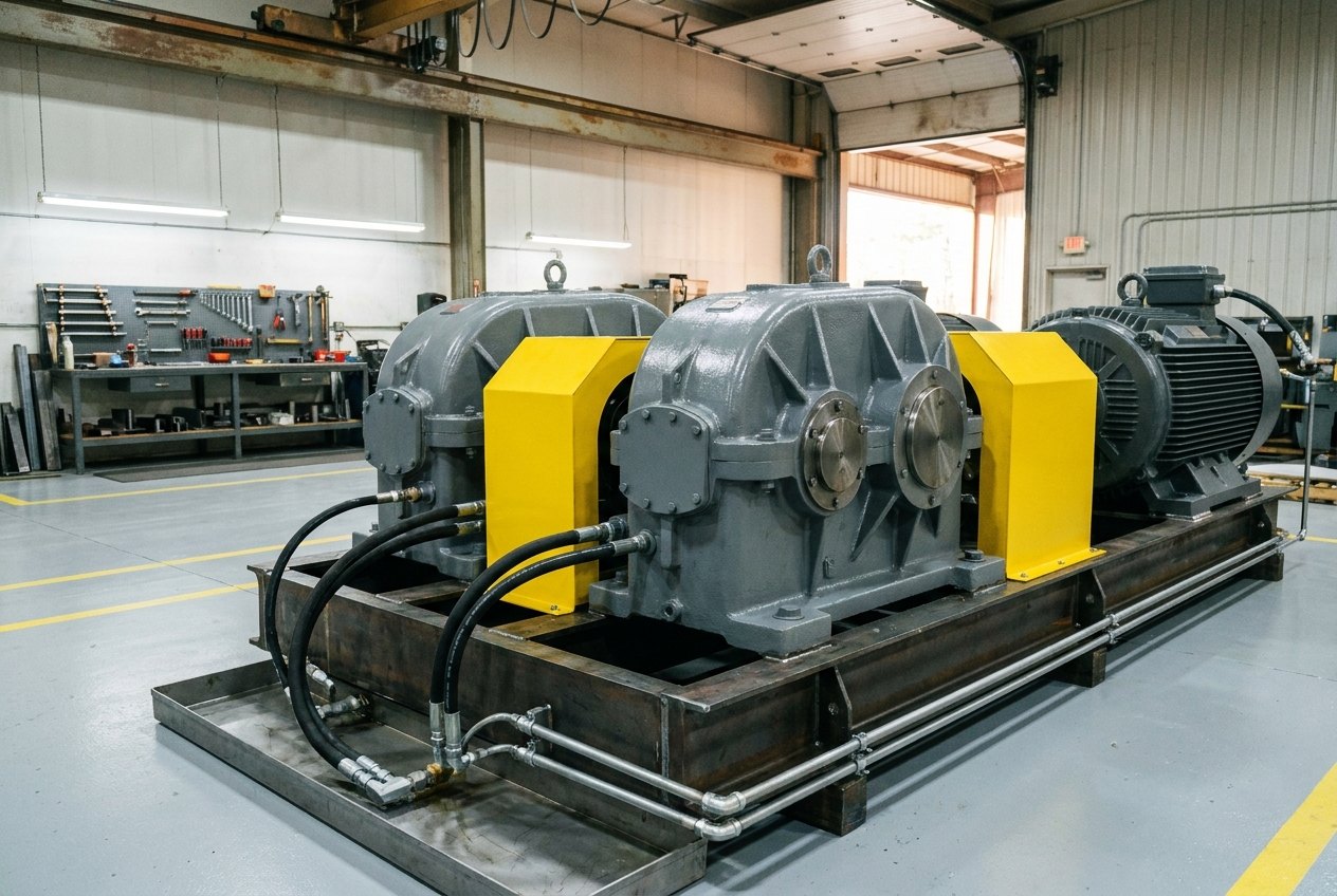 Illustrative image, not a delivered system — a newly built back-to-back gear test rig in a clean test hall: two freshly painted grey ribbed gear cases with bright machined flange faces on a fabricated grey bedplate, their connecting shafts enclosed in solid safety-yellow coupling guards, a dark finned drive motor at one end, neat black lubrication hoses and bright steel pipes dropping into a clean shallow drip tray, an orderly tool-board workbench along the far wall, light-grey floor with crisp yellow walkway lines, daylight through the hall door, no people and no readable markings