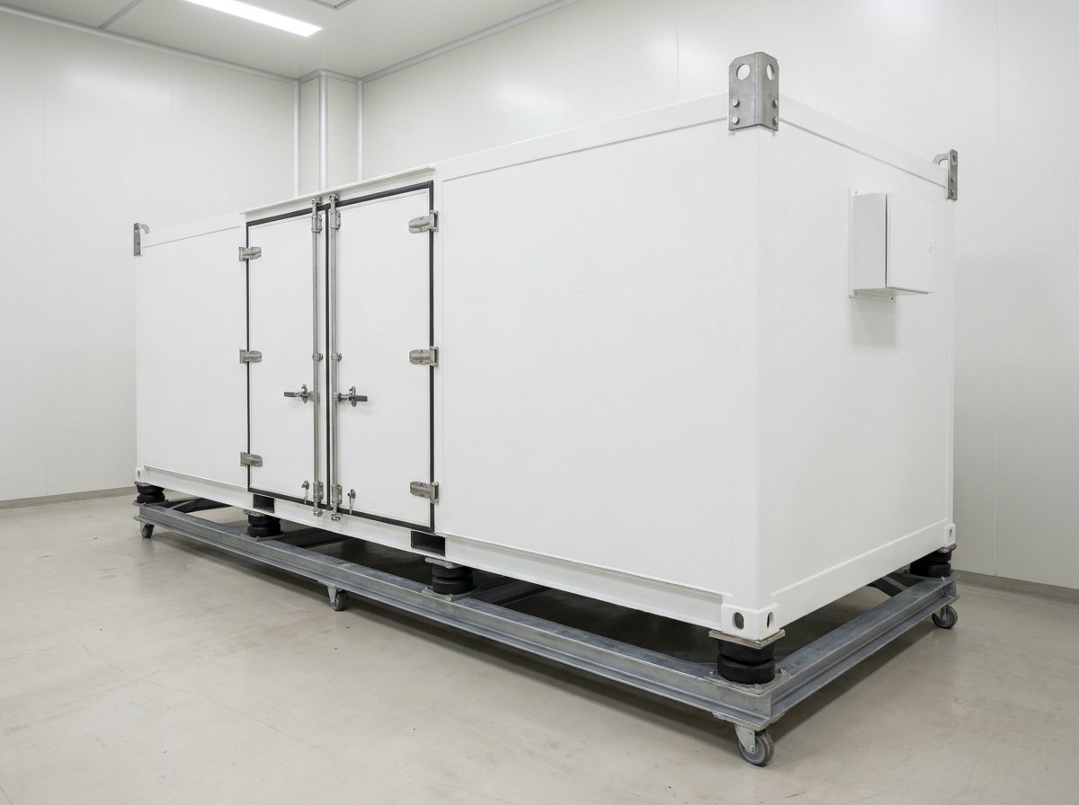 Illustrative image, not a delivered system — a large plain white environmentally controlled transport container on a low wheeled steel skid frame in a clean bay: a smooth rectangular shell with heavy toggle latches along the closed seam and hinged doors at one end, four rubber anti-vibration isolator mounts visible between container and skid, substantial lifting lugs at the top corners, one small blank-faced instrument enclosure on the end wall, pale floor and white walls, no people and no markings