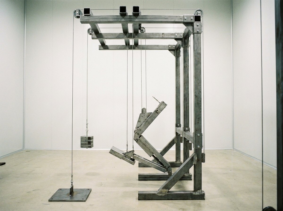 Illustrative image, not a delivered system — a gravity offload deployment test rig in a clean hall: a tall square steel frame of bolted box sections carries overhead pulley blocks with thin steel cables descending to support an articulated three-segment metal leg assembly caught part way through unfolding above a flat pale floor, a small stack of flat counterweight plates hangs at one side of the frame on its own cable, a plain steel base fitting anchors the leg, white walls, bright even lighting, no people and no markings