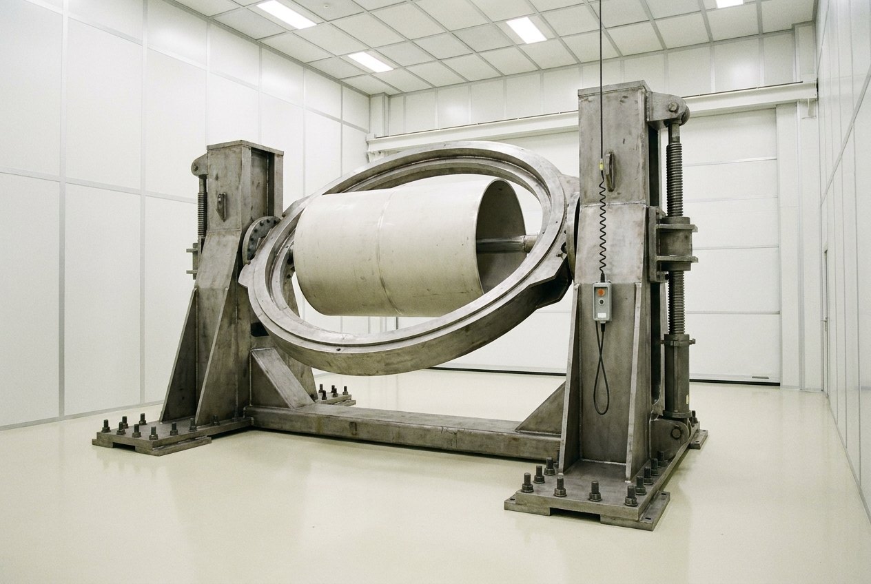 Illustrative image, not a delivered system — a large welded steel rotation and tilting fixture in a clean high-bay with pale epoxy floor and white wall panels: two heavy trunnion towers on wide bolted baseplates carry a circular cradle ring between them holding a plain unmarked pale cylindrical article horizontally, a stout screw-jack actuator runs down the outside of each tower, a pendant control hangs on a coiled cable, bright even lighting, no people and no markings