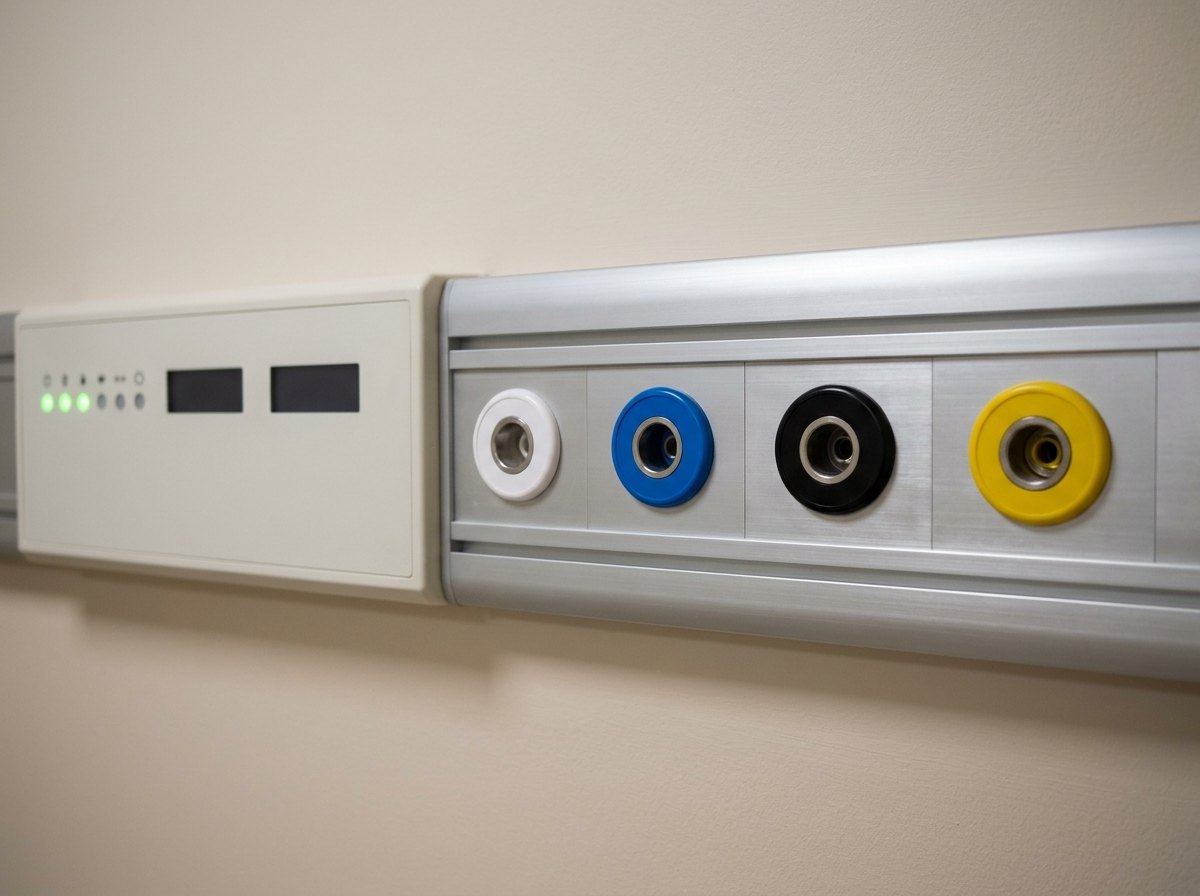 Illustrative image, not a delivered installation — a wall-mounted gas alarm and zone monitoring panel with a row of indicator lights and blank displays, beside gas-specific terminal outlets with colour-coded fronts on a plain wall panel, no text and no people