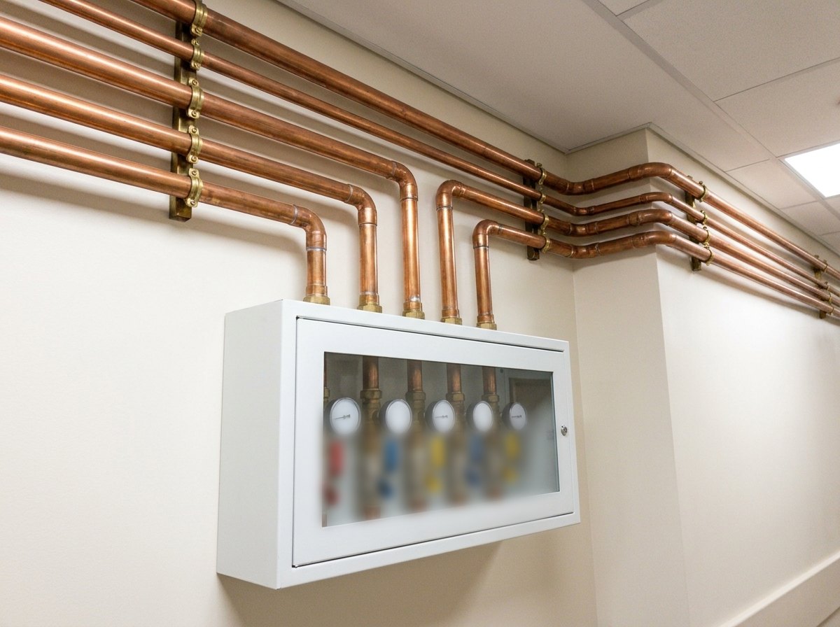 Illustrative image, not a delivered installation — brazed medical-grade copper gas pipelines running along a service corridor ceiling on brackets, with a wall-mounted area valve service unit: a glazed box of gas shut-off valves and pressure gauges with plain faces for isolating one zone