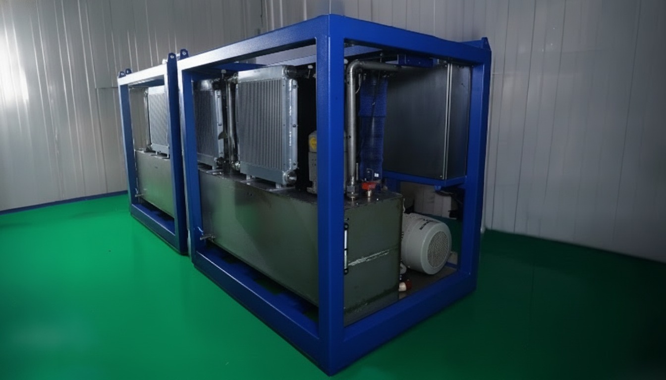 Mobile hydraulic flushing rig skid frame — forklift-compatible blue steel chassis with baffled SS-304 reservoir and air-cooled heat exchanger by Neometrix