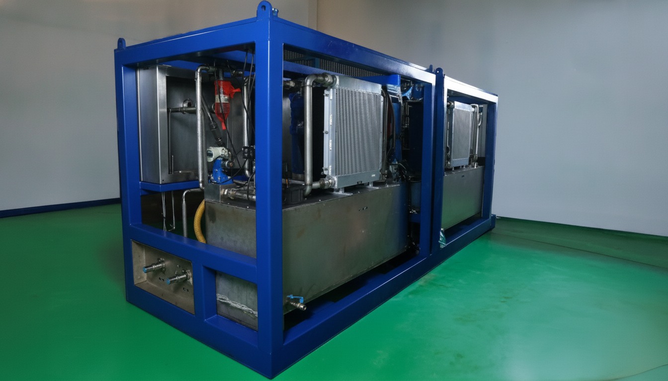 Mobile Hydraulic Flushing Rig — rear angled view showing plumbing, quick-disconnect ports and forklift-slot skid base