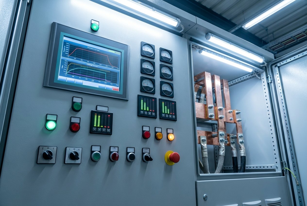 Touchscreen HMI control panel, meters and tinned copper busbar terminations of a high-current battery charging rectifier