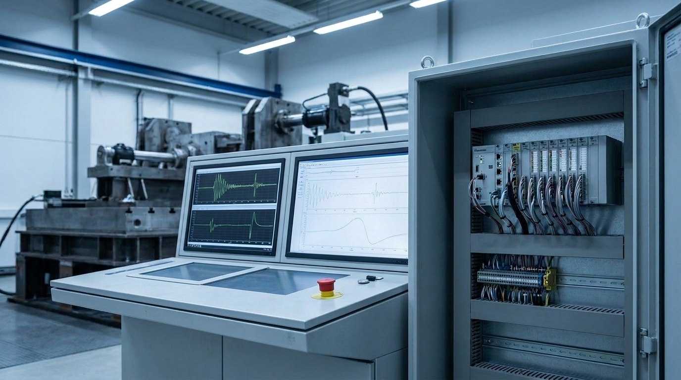 Representative render — a motion test rig control station: an operator console with two widescreen monitors showing motion-axis plots, a red emergency-stop button, and an open industrial control cabinet containing a modular real-time data-acquisition chassis with plug-in signal modules and wiring looms