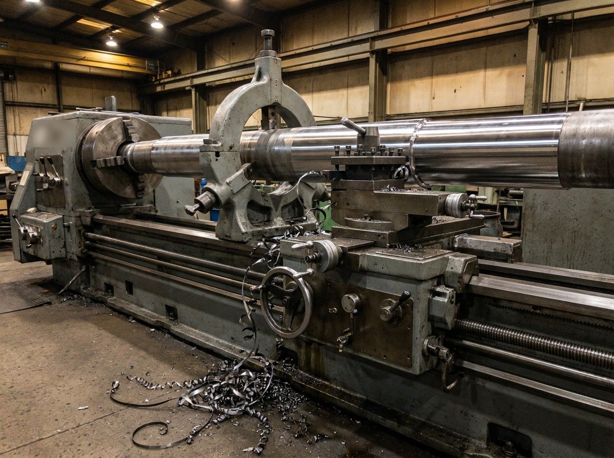 Illustrative image, not a delivered installation — a very long heavy marine propeller shaft being machined on a large horizontal lathe, held between centres with a steady rest supporting it and a tool post cutting a bright turned surface, steel swarf on the machine bed, no text and no people