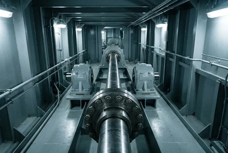 Illustrative image, not a delivered installation — a ship's propulsion shaft line in a shaft tunnel: a long heavy horizontal steel shaft supported on plummer bearings bolted to steel foundations, with a large bolted flange coupling joining two shaft sections, no text, no insignia and no people