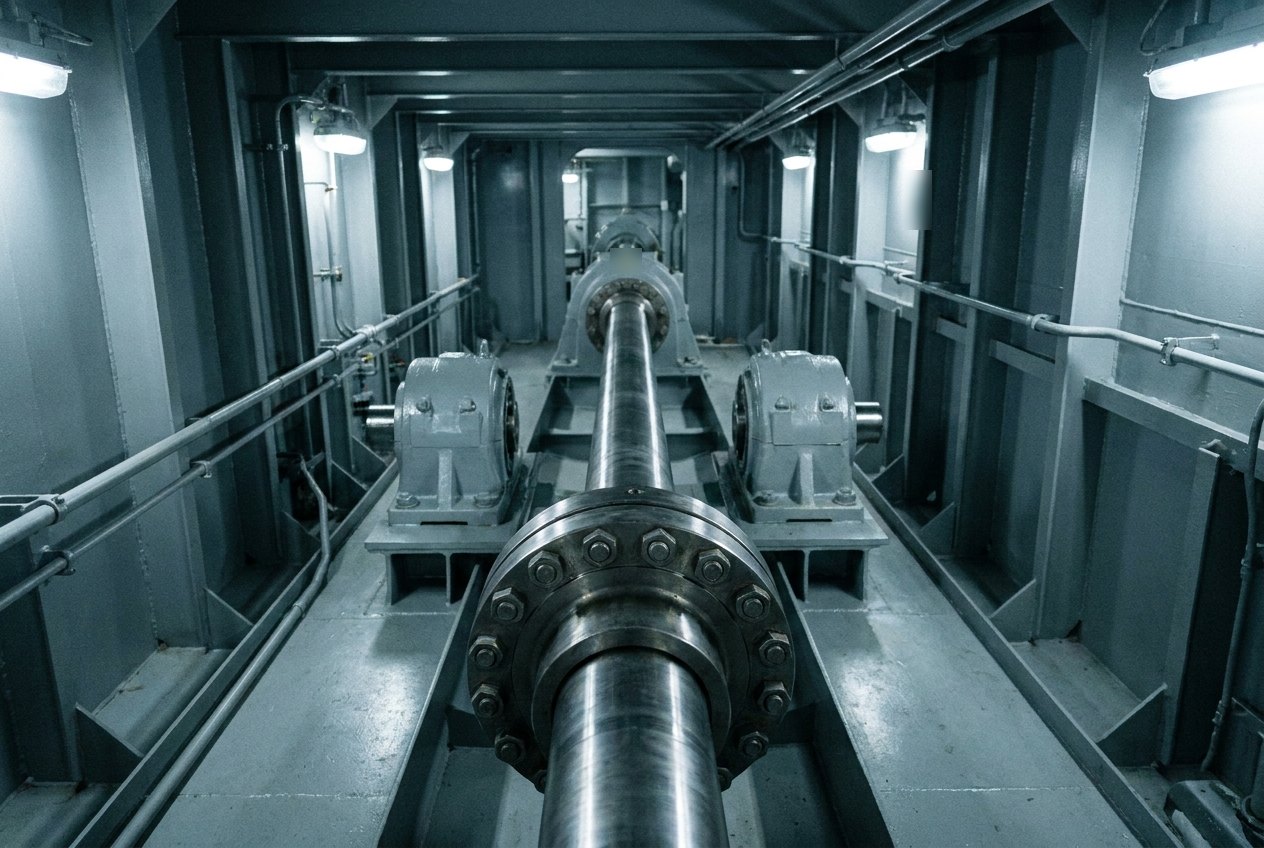 Illustrative image, not a delivered installation — a ship's propulsion shaft line in a shaft tunnel: a long heavy horizontal steel shaft supported on plummer bearings bolted to steel foundations, with a large bolted flange coupling joining two shaft sections, no text, no insignia and no people