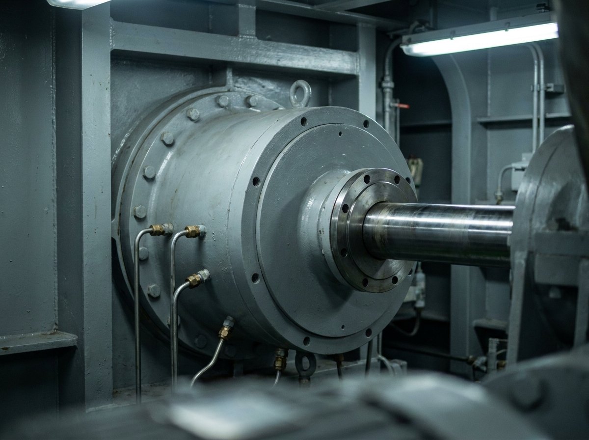 Illustrative image, not a delivered installation — a stern tube assembly: a large heavy cylindrical steel housing with a bolted circular flange and seal housing, the polished shaft passing through it into thick hull structure, with oil piping to the bearing, no text and no people