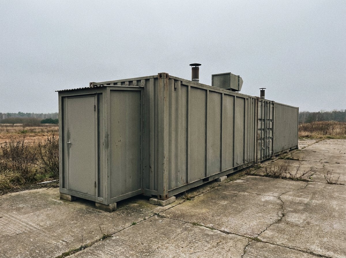 Illustrative image, not a delivered range — the exterior of a containerised shooting range: several joined grey-olive ISO containers on levelling supports forming one long unit, an entry vestibule at the near end, ventilation stacks and filter housings on the roof, plain hardstanding ground, overcast light, no people and no text