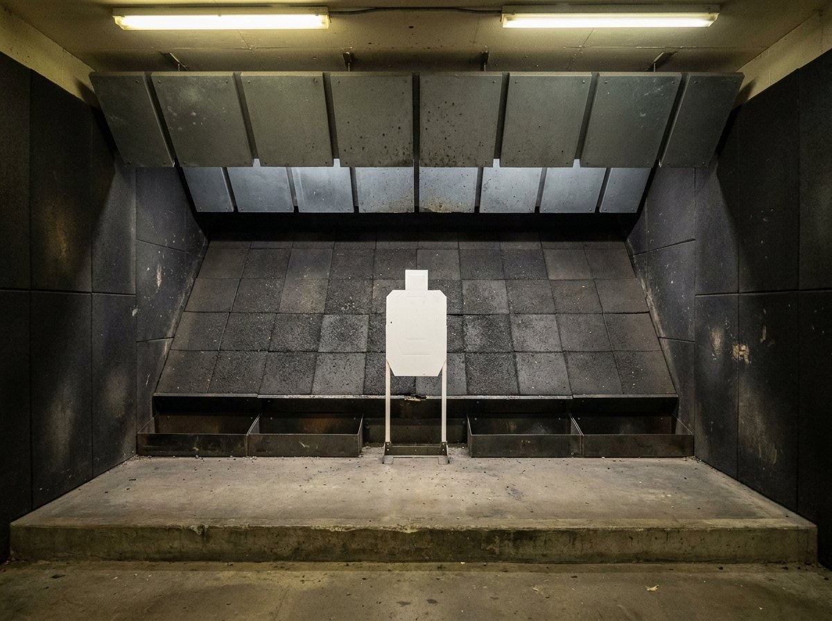 Illustrative image, not a delivered range — a bullet trap section in a modular range: a sloped wall of dark granulated rubber blocks behind a target frame, angled AR500-class steel deceleration plates above forming a baffle, steel collection trays at the base, dark rubber-lined side walls, service lighting, no people and no text