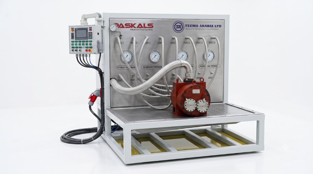 Multi-port flow divider test bench — close front view of stainless gauge manifold with P1 inlet, P2 header, test header and return line pressure gauges above the port hoses and red flow divider DUT