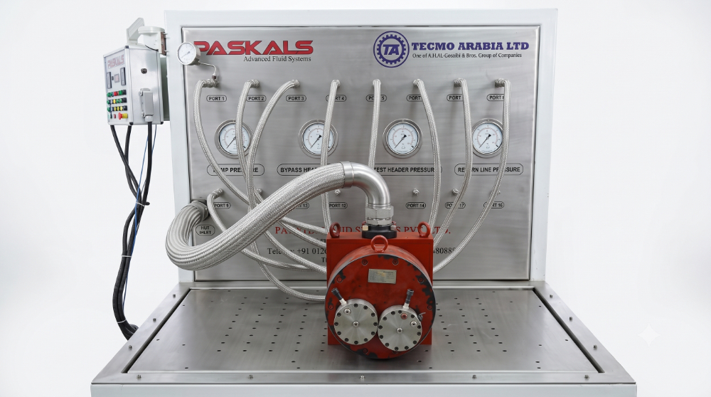 Multi-port flow divider test bench — front view of the port pressure gauge manifold showing Pump Pressure, Bypass Header, Test Header Pressure and Return Line Pressure gauges above the numbered port hoses