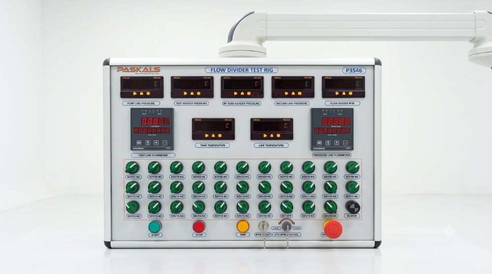 Multi-port flow divider test bench HMI panel — pump line pressure, test header pressure, tank and line temperature displays, dual flowmeters, 16 solenoid valve indicator switches, RPM select, start/stop and emergency stop controls