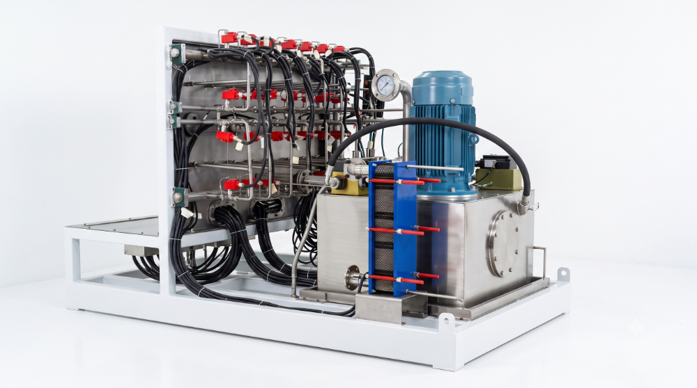 Multi-port flow divider test bench — rear pump skid view showing the drive motor, plate heat exchanger, and 16-port solenoid switching valve manifold with cabling