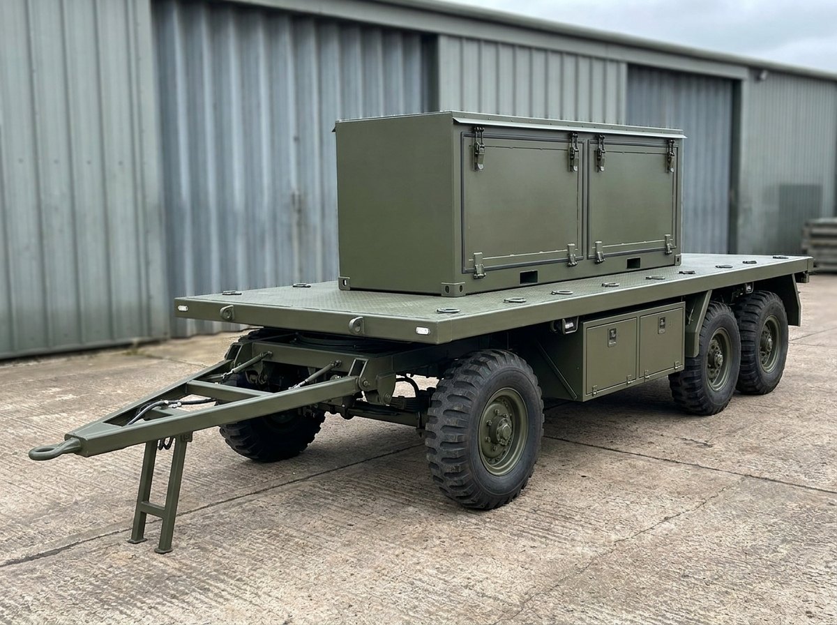 Munition handling trolley — olive drab three-axle flatbed trolley with steerable front axle, tandem dual rear wheels, A-frame towbar, flush deck restraint rings, under-deck cabinets and a latched rocket transport module on the deck