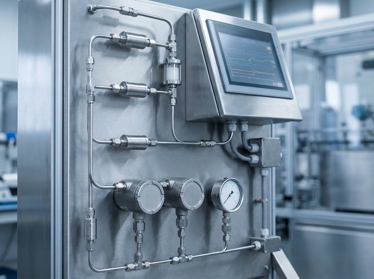 Representative render — stainless-steel coolant monitoring skid of the metal working fluid test rig: inline sensor cells and transmitters plumbed with small-bore tubing on a panel, with an HMI screen showing simple trend curves