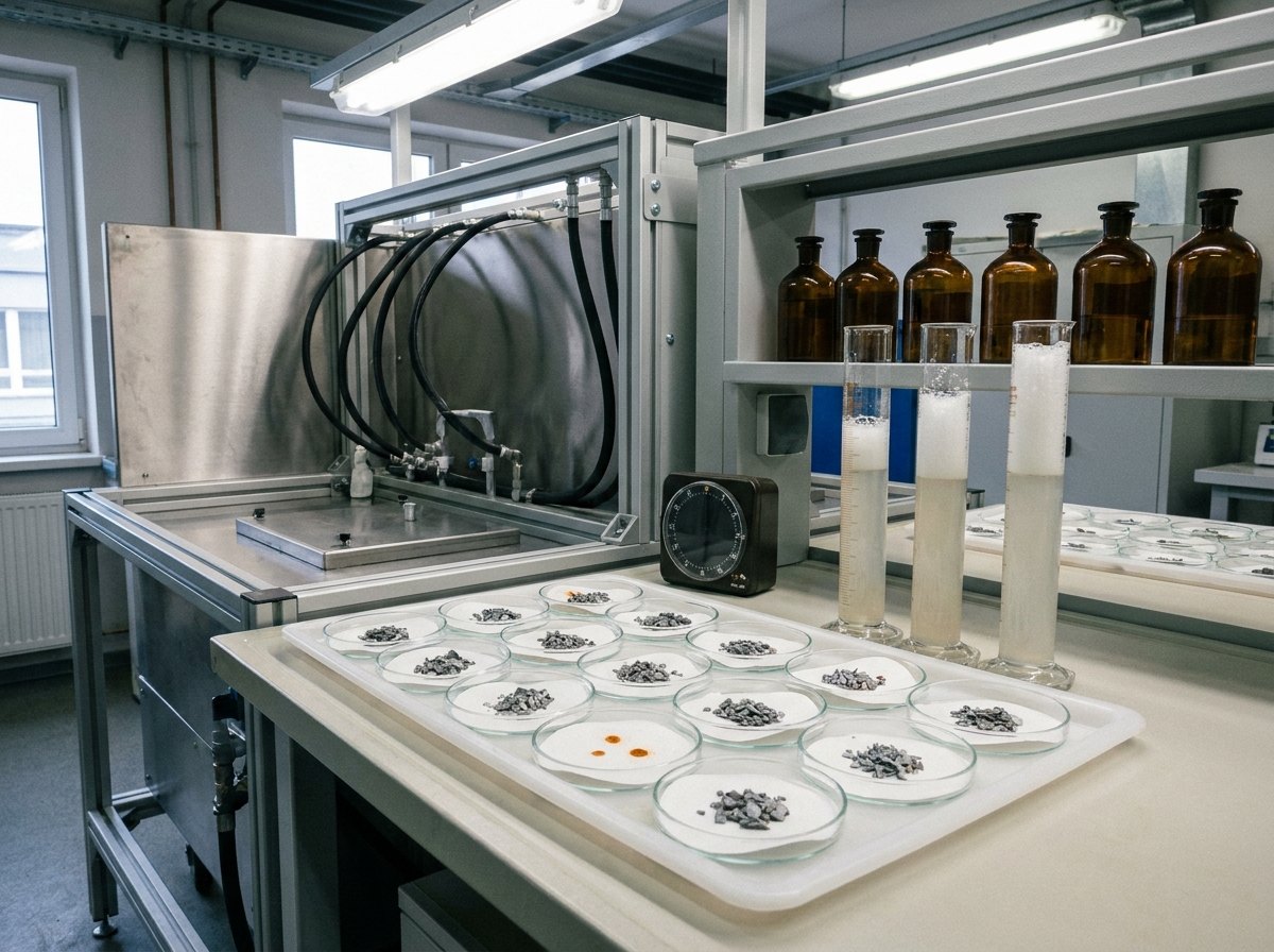 Illustrative of the delivered class — a corrosion and foam test bench in a clean laboratory: a neat grid of round glass petri dishes on a white tray, each holding a small pile of grey cast-iron chips on white filter paper, two papers showing small orange rust spots while the others stay clean, three tall graduated cylinders holding milky fluid with foam heads at different heights, a laboratory timer with its face turned away, plain amber glass bottles on a shelf behind, no people and no readable markings