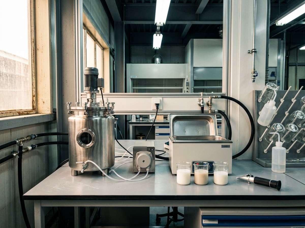 Illustrative of the delivered class — a fluid dosing and mixing station on a clean laboratory bench: a polished stainless mixing tank with a top stirrer motor and sight window, a compact dosing pump with fine tubing, a temperature-controlled water bath with its lid ajar, three glass beakers of milky emulsion at slightly different shades, a handheld optical refractometer lying angled away, clean glassware on a drying rack behind, window light from one side, no people and no readable markings