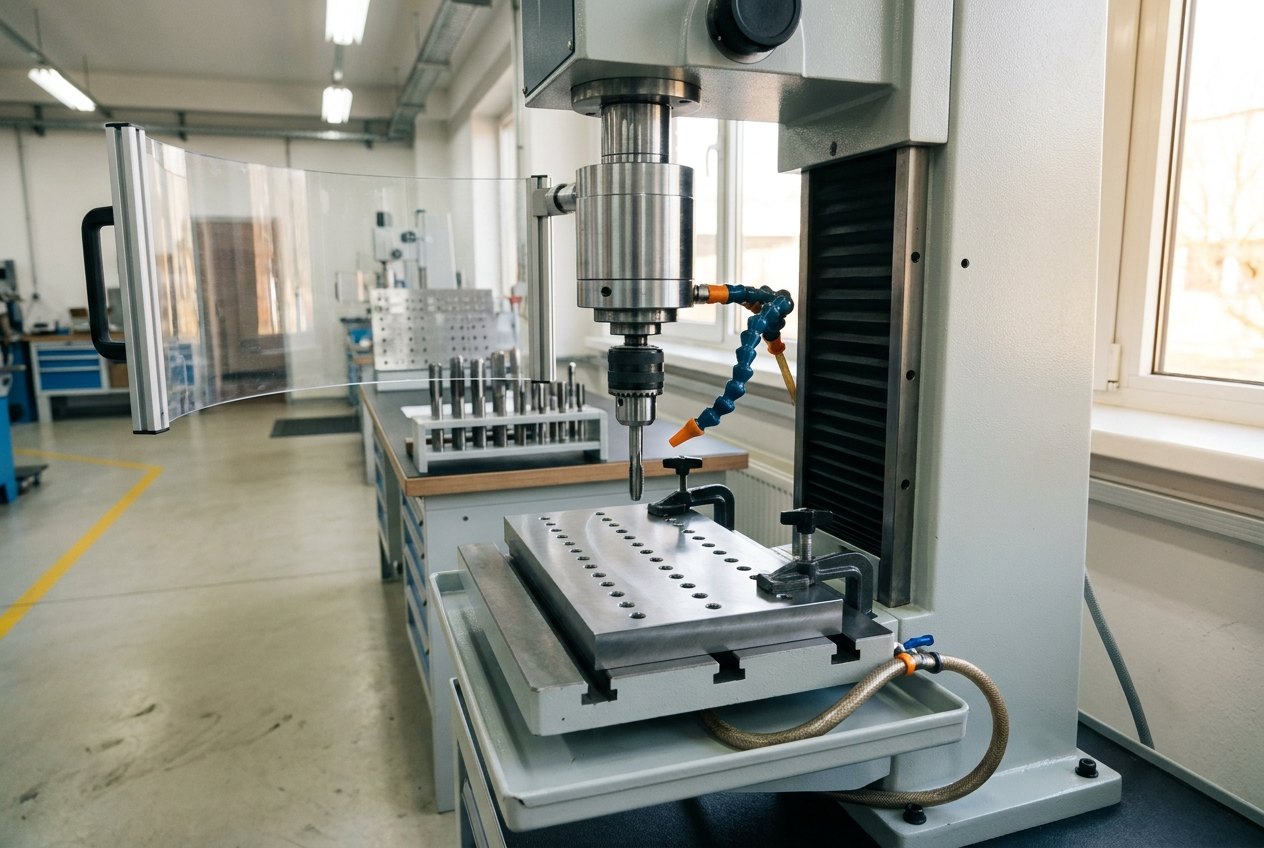 Illustrative of the delivered class — an instrumented tapping-torque test station in a clean laboratory workshop: a rigid column machine in fresh light-grey paint with a vertical spindle head, a cylindrical inline torque sensor above the tap chuck, a bright steel test plate drilled with neat rows of holes clamped to the table, a curved clear polycarbonate guard swung aside, a small articulated blue coolant nozzle at the tap, racks of taps and test plates on tidy benches behind, light floor with a yellow line, window daylight, no people and no readable markings
