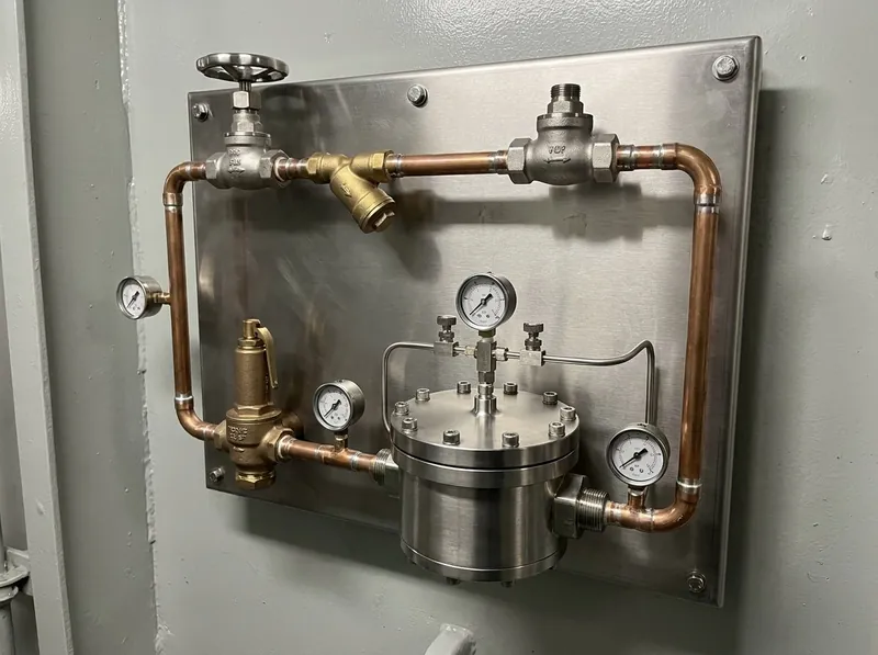 Naval pressure reducing panel — dome-loaded pressure reducing valve with bolted dome cap, relief valve, Y-strainer, gauges and stop valves