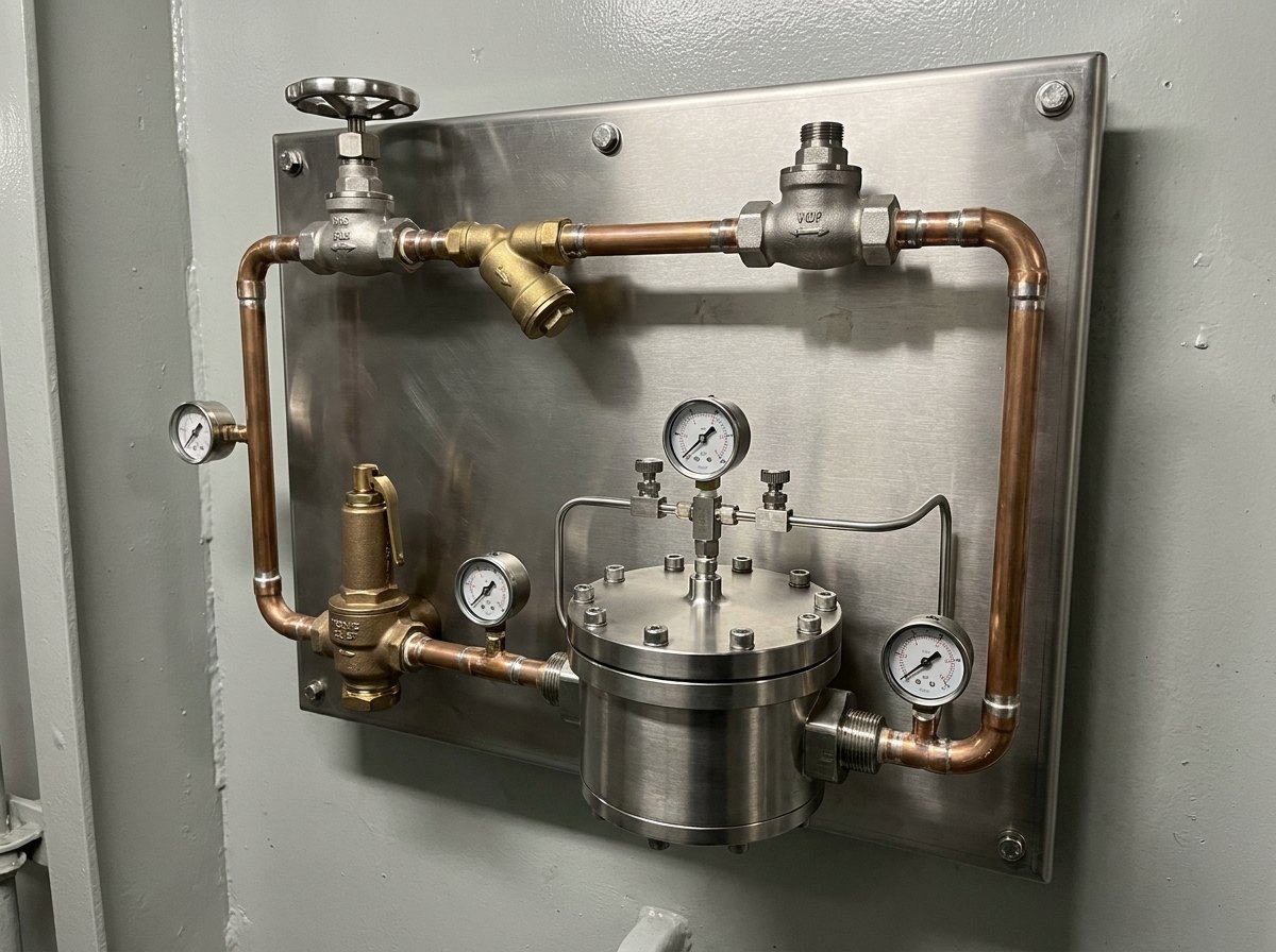 Naval pressure reducing panel — dome-loaded pressure reducing valve with bolted dome cap, relief valve, Y-strainer, gauges and stop valves on a stainless steel plate against a warship bulkhead
