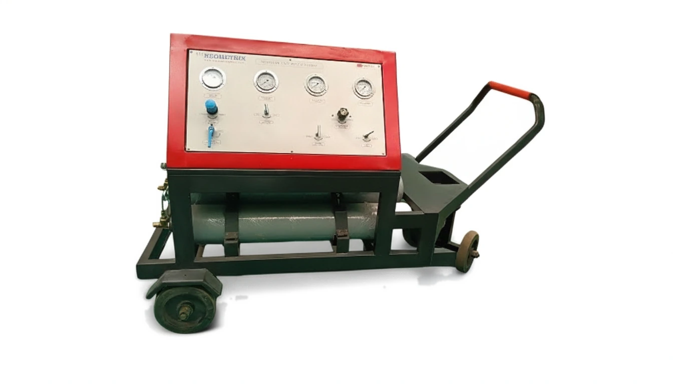 Nitrogen Cart with Booster close-up - Neometrix pneumatic nitrogen booster trolley with gauge panel and towing handle