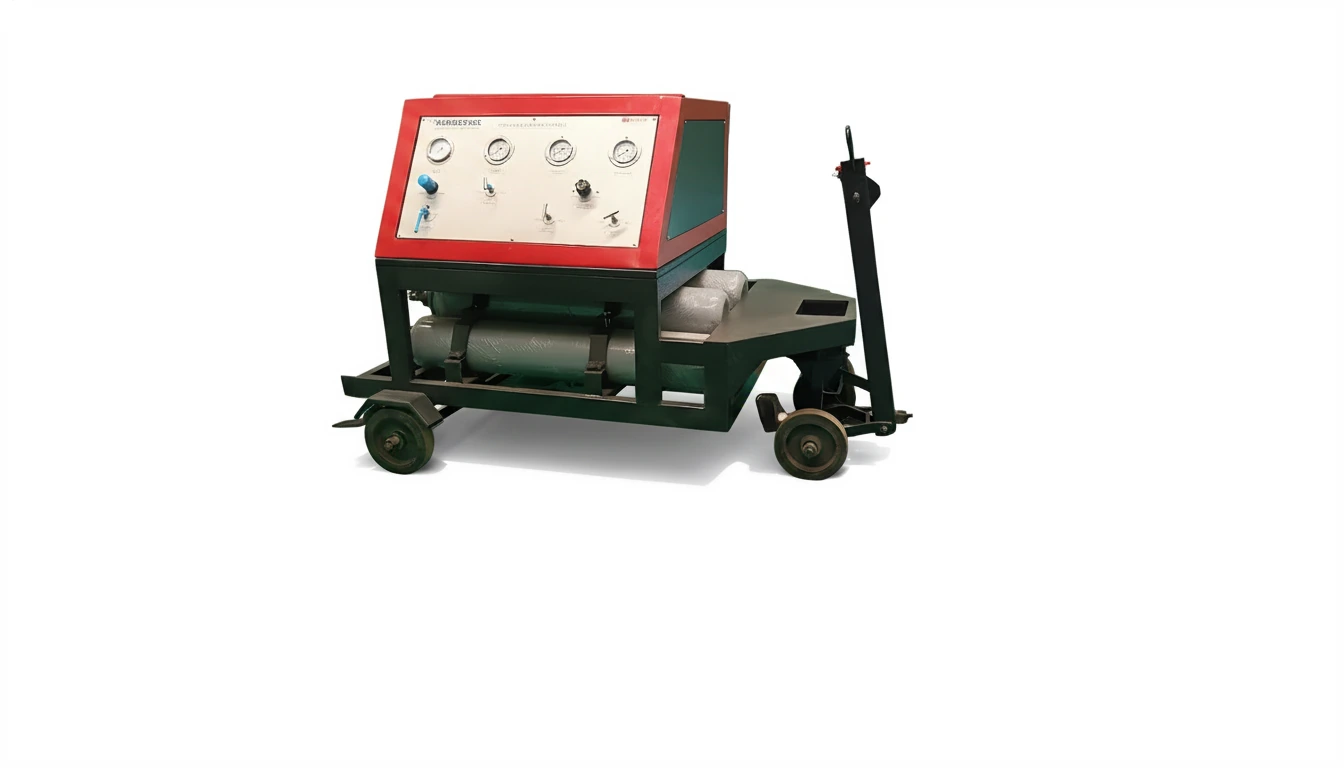 Nitrogen Cart with Booster on airfield tarmac - Neometrix air-driven pneumatic nitrogen charging trolley with pressure gauge control panel