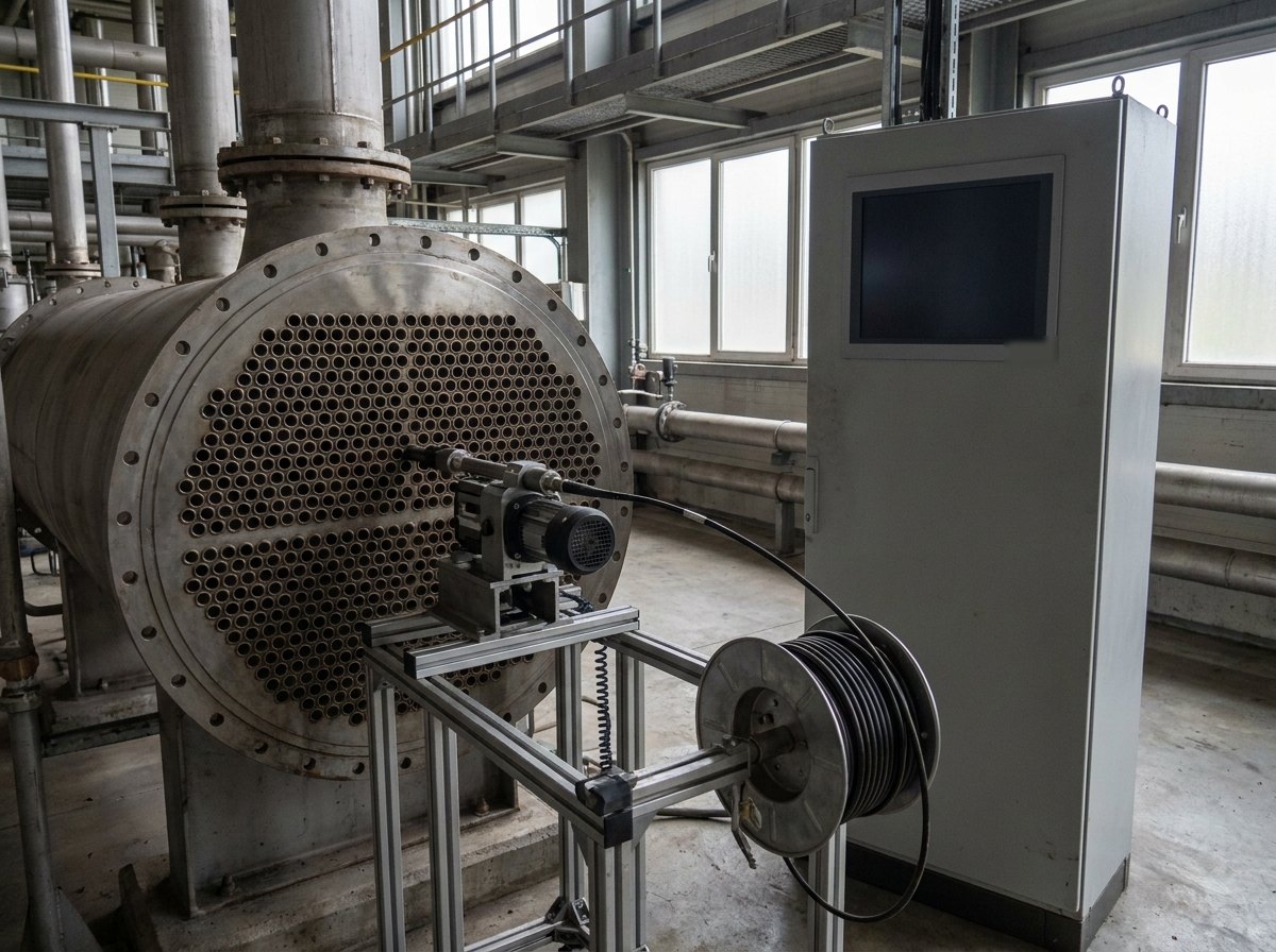 Illustrative image, not a delivered installation — an eddy-current tube-inspection rig: the tube-sheet face of a heat exchanger showing a grid of tube ends, a probe push-pull drive feeding a flexible probe into a tube, and an instrument cabinet with a cable reel beside it, matte and unmarked, no text and no people